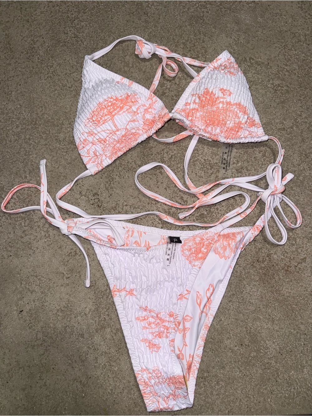 Smocked White Bikini Set with Coral Floral Print - Triangle Tie-Side